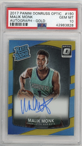 MALIK MONK 2017 PANINI DONRUSS OPTIC AUTO GOLD PRIZM #1/10 ROOKIE RC PSA 10